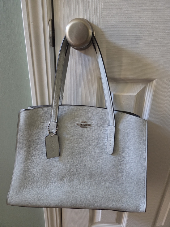 Coach Handbags - Coach Light Blue Leather Tote with Logo Plaque